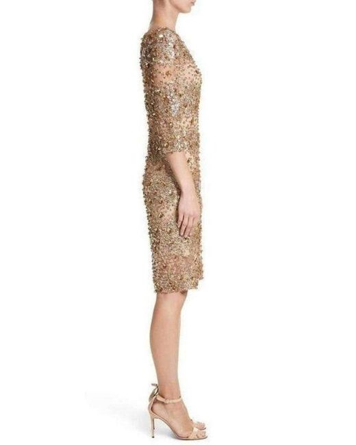 Naeem Khan Metallic Beaded Gold Fitted Cocktail Dress
