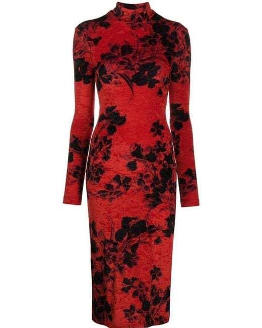 Balenciaga Red Floral-print Turtleneck Dress Xs