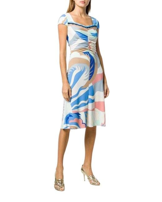 Emilio Pucci Blue Acapulco Print Gathered Silk Blend Dress It 38 (us