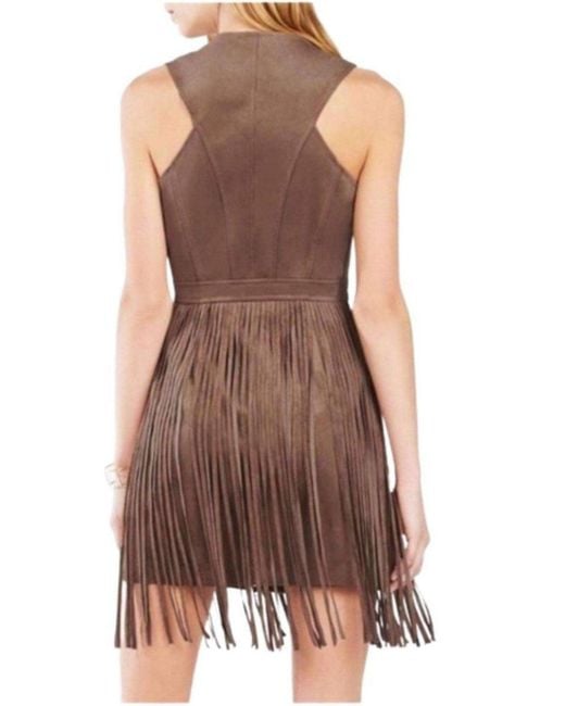 BCBGMAXAZRIA Brown Hamin Fringe Faux Suede Vest Dress