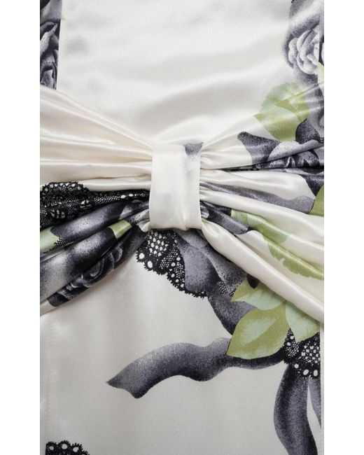 Alessandra Rich Gray Silk Satin Rose Print Midi Dress