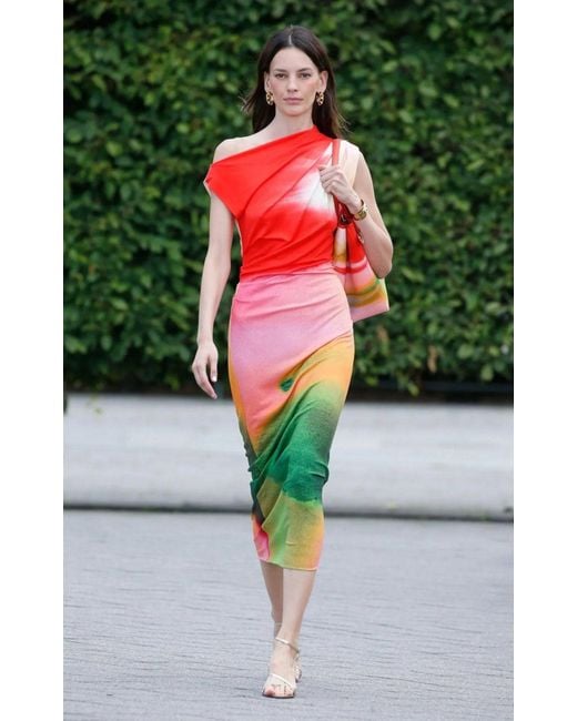 Oscar de la Renta Red Watercolor Print Draped Jersey Midi Dress