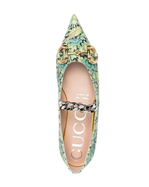 Gucci Green Floral Horsebit Ballerina Shoes