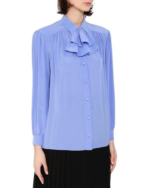 Gucci Blue Ruffle-neck Silk Blouse