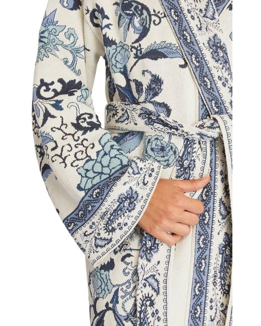 Etro Blue Floral Print Wrap Coat