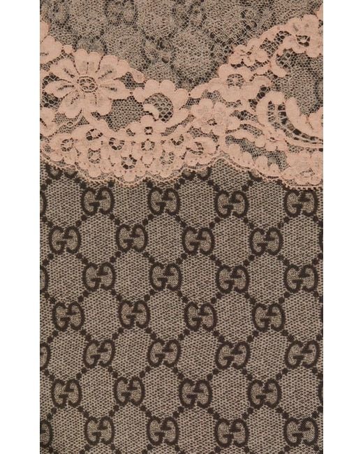 Gucci Natural GG Supreme Lace Trim Silk Maxi Dress