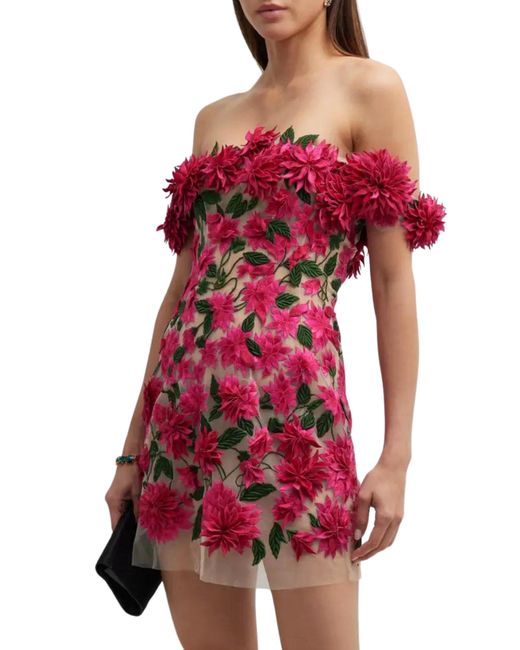 Oscar de la Renta Pink Dahlia Floral-appliqué Mini Dress