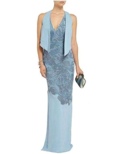 Versace Blue Leather Cutout Lace Embellished Gown Fr 40 (us 10)