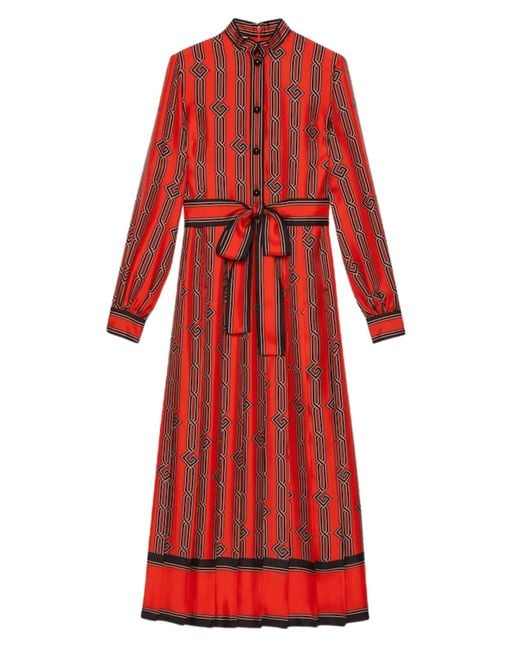 Gucci Red Square G Chain Print Silk Dress