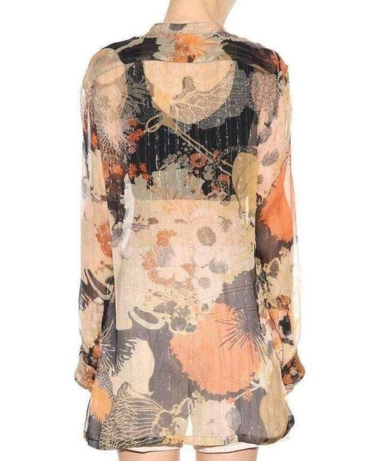 Dries Van Noten Orange Floral Print Silk Chiffon Shirt