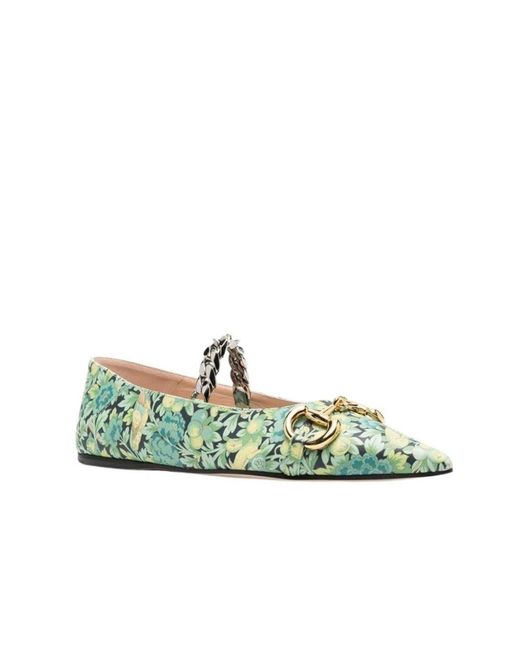 Gucci Green Floral Horsebit Ballerina Shoes