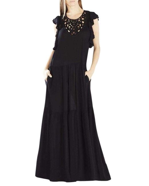 BCBGMAXAZRIA Black Lyndsy Flutter Sleeve Cutout Embroidered Maxi Dress