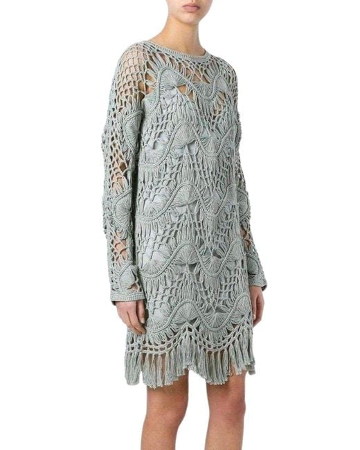 Chloé Gray Fringed Macrame Dress