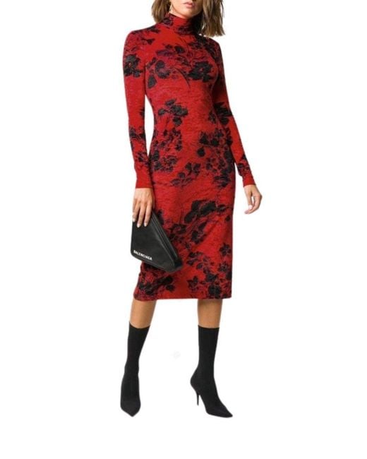 Balenciaga Red Floral-print Turtleneck Dress Xs
