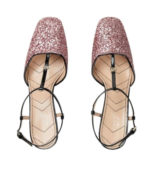Gucci Pink Glitter Slingback Double G Pumps 55mm