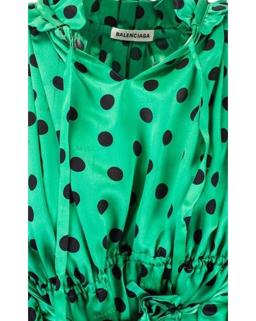 Balenciaga Green Polka Dot Print Long Sleeve Logo Jacquard Babydoll Dress