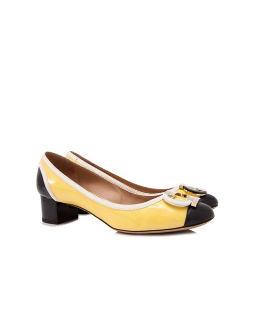 Ferragamo Metallic Patent Leather Gwen Block Heel Pumps