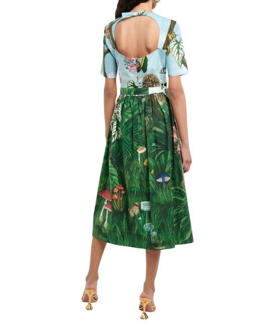 Oscar de la Renta Green Botanical Forest Print Stretch Poplin Midi Dress