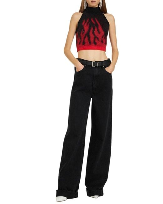 Alessandra Rich Red Flames Jacquard Knit Crop Top