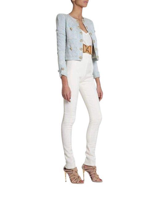 Balmain Blue Cropped Stretch Cotton Denim Blazer