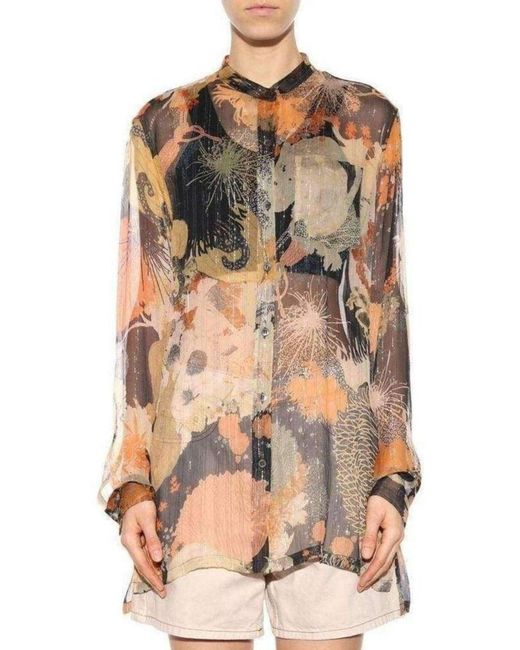 Dries Van Noten Orange Floral Print Silk Chiffon Shirt