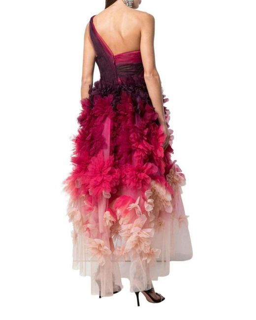 Marchesa Red One Shoulder Floral Dress