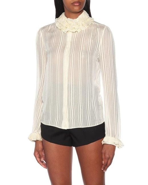 Saint Laurent Natural Ivory Ruffle-collar Striped Silk Shirt