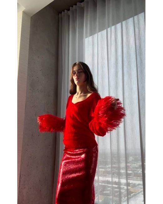 Gucci Red Feather Cuff Mohair Sweater