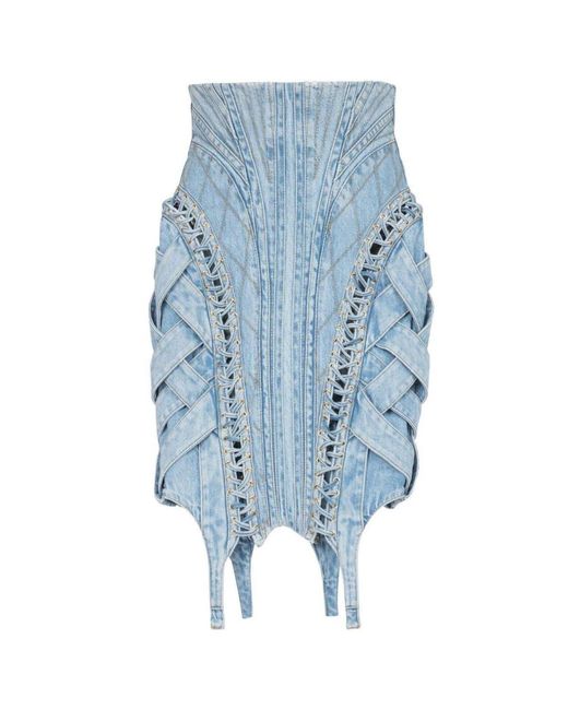 Balmain Blue High-waist Lace-up Denim Skirt