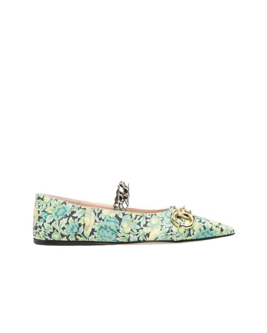 Gucci Green Floral Horsebit Ballerina Shoes