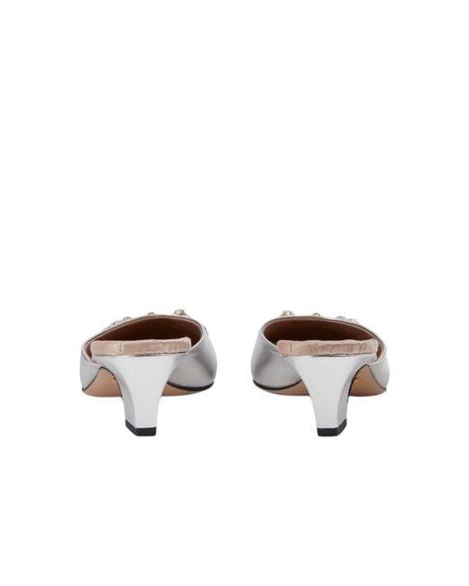 Gucci White Silver Leather Horsebit Mules