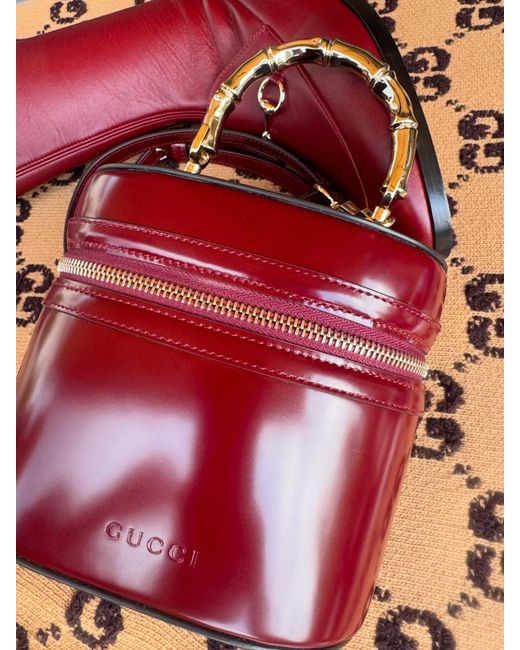 Gucci Red Burgundy Bamboo Handle Leather Bucket Bag