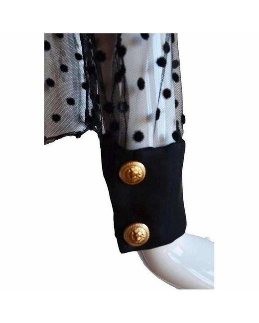 Balmain Long Sleeve Black Polka Dot Silk Shirt With Gold Buttons