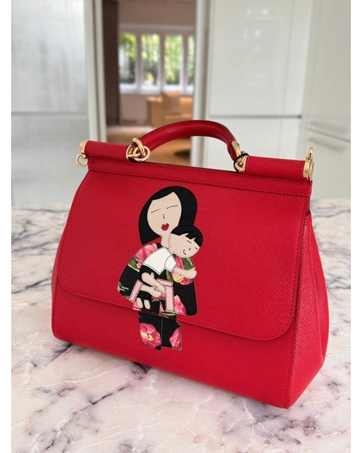 Dolce & Gabbana Red Family Print Sicily Tote Bag Regular