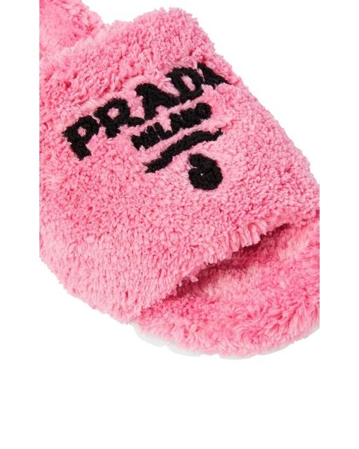 Prada Pink Logo-embroidered Faux Shearling Slides
