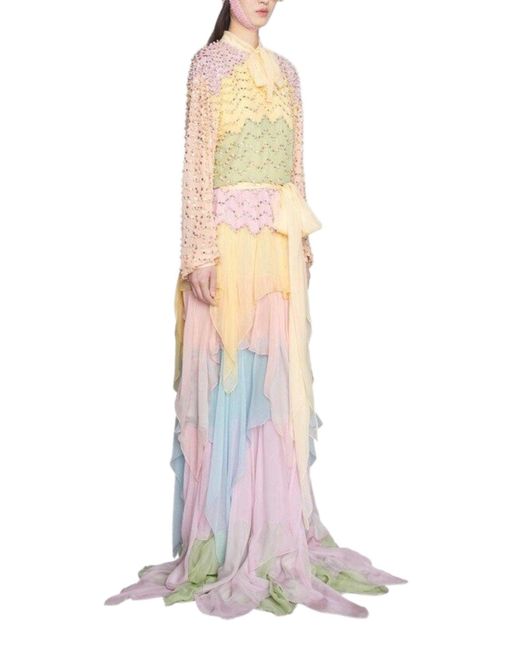 Gucci White Ruffled Silk Gown Embellished With Pearls & Rhinestones