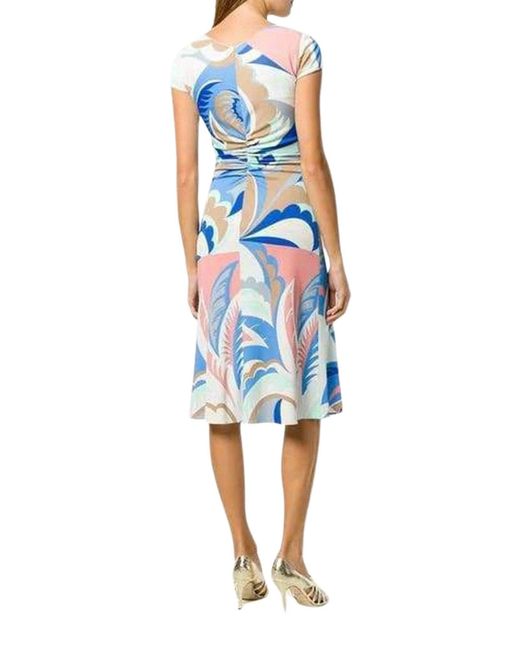 Emilio Pucci Blue Acapulco Print Gathered Silk Blend Dress It 38 (us