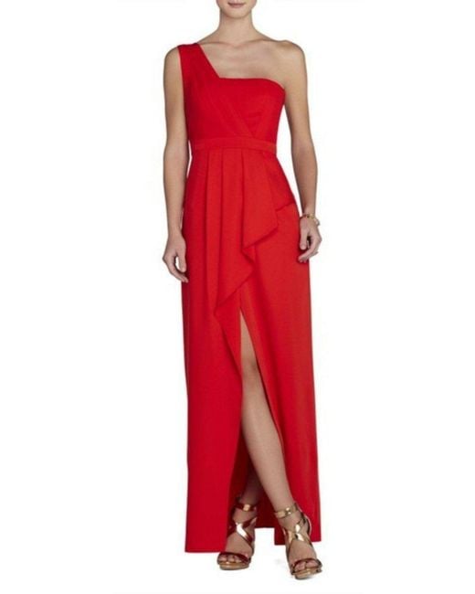 BCBGMAXAZRIA Red Kristine One-shoulder Peplum Gown
