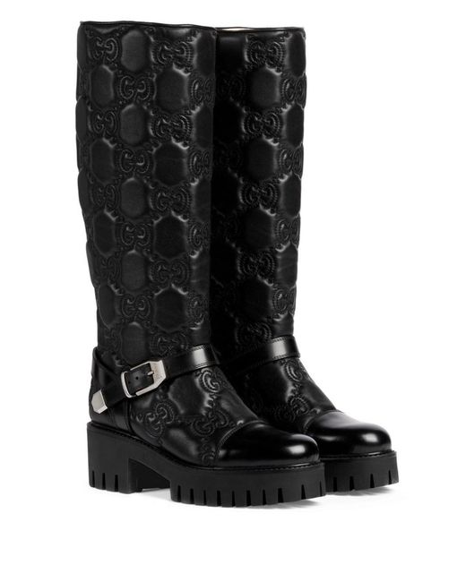 Gucci Black GG Matelassé Lug Sole Boots