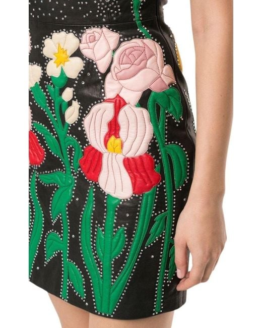 Gucci Gray Leather Flower Intarsia Strapless Dress