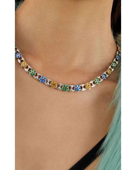 Gucci Metallic Blue Enamel Flower Necklace