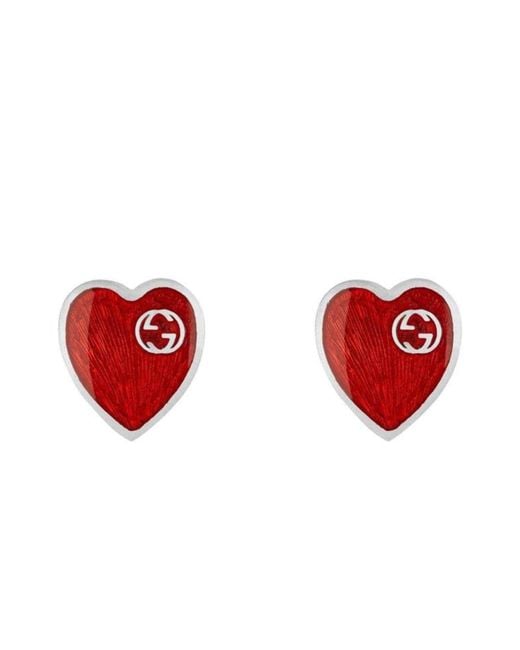 Gucci Interlocking G Heart Stud Earrings In Sterling Silver With Red Enamel