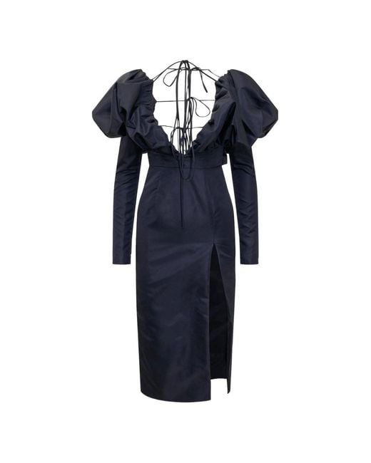 LAQUAN SMITH Blue Faille Halter Neck Puff Sleeve Midi Dress