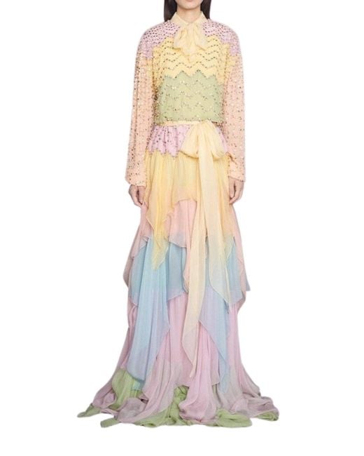 Gucci White Ruffled Silk Gown Embellished With Pearls & Rhinestones