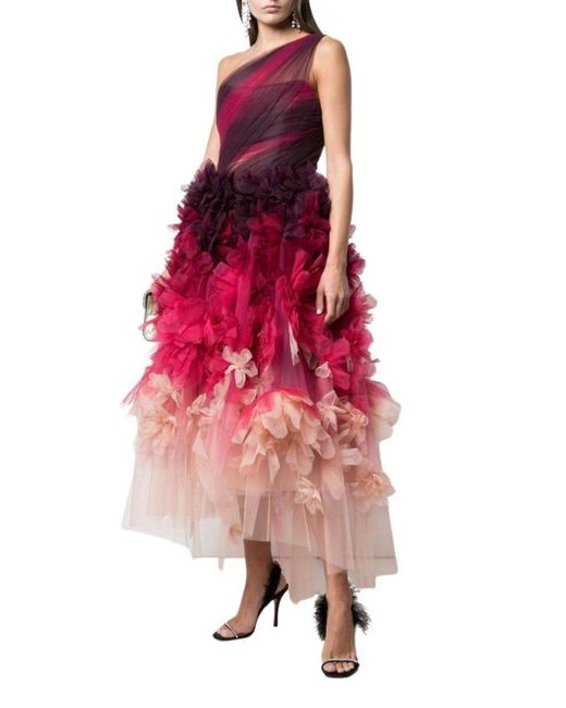 Marchesa Red One Shoulder Floral Dress