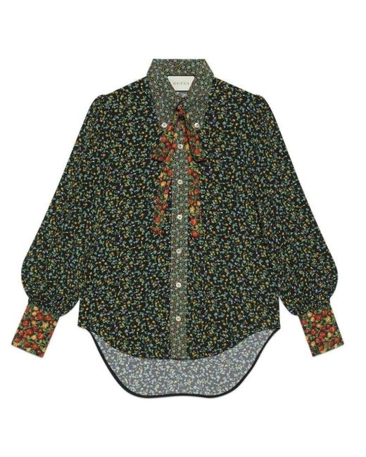 Gucci Green Liberty Floral Bow Detail Shirt