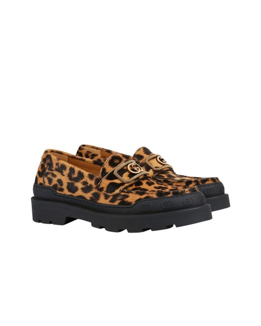 Gucci Brown Interlocking G Leopard Print Leather Loafers