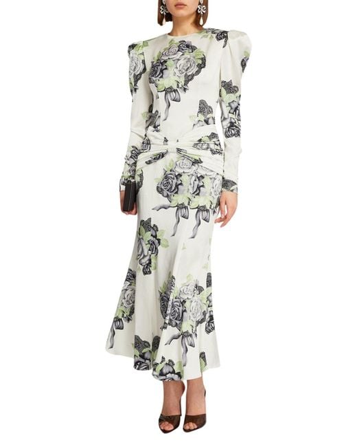 Alessandra Rich Gray Silk Satin Rose Print Midi Dress