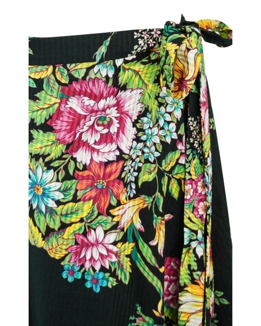 Etro Green Floral Print Cotton Silk Wrap Midi Skirt