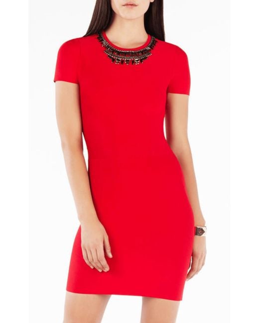 BCBGMAXAZRIA Red Kaylen Embellished Cutout-back Dress